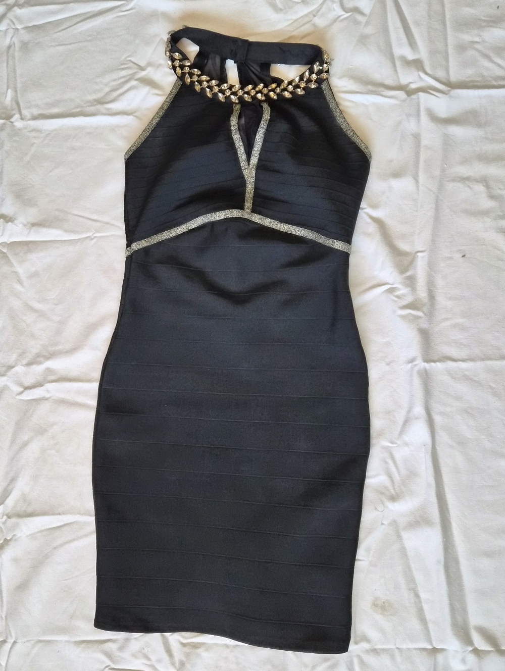 Vintage Y2k Black Bandage Bodycon Dress Gold Rhinestones V-neck Mini